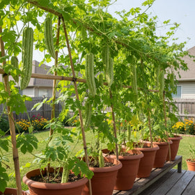Bitter gourds maturing, ready for harvest in home garden