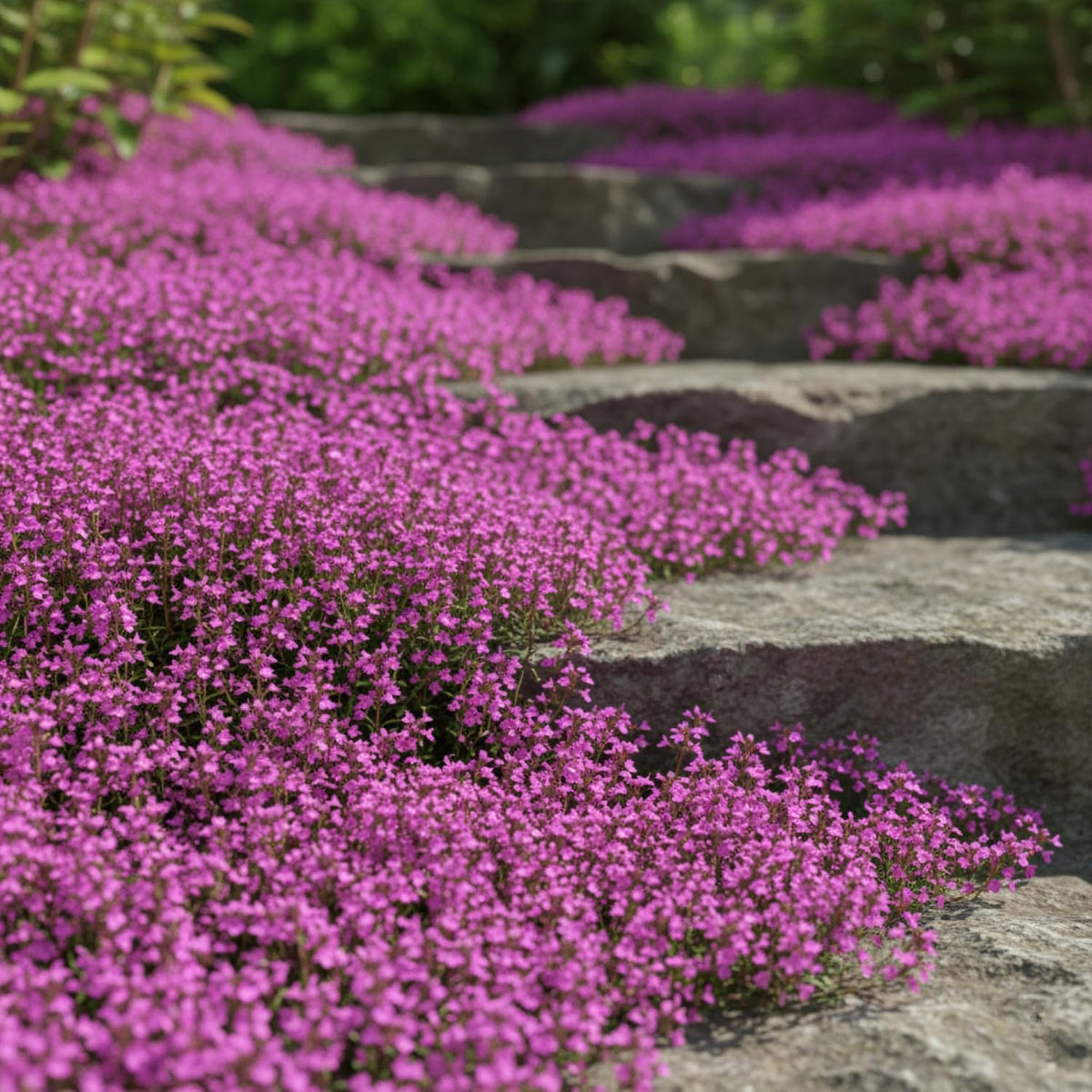 Bright sunny bed with creeping thyme; durable ground cover.