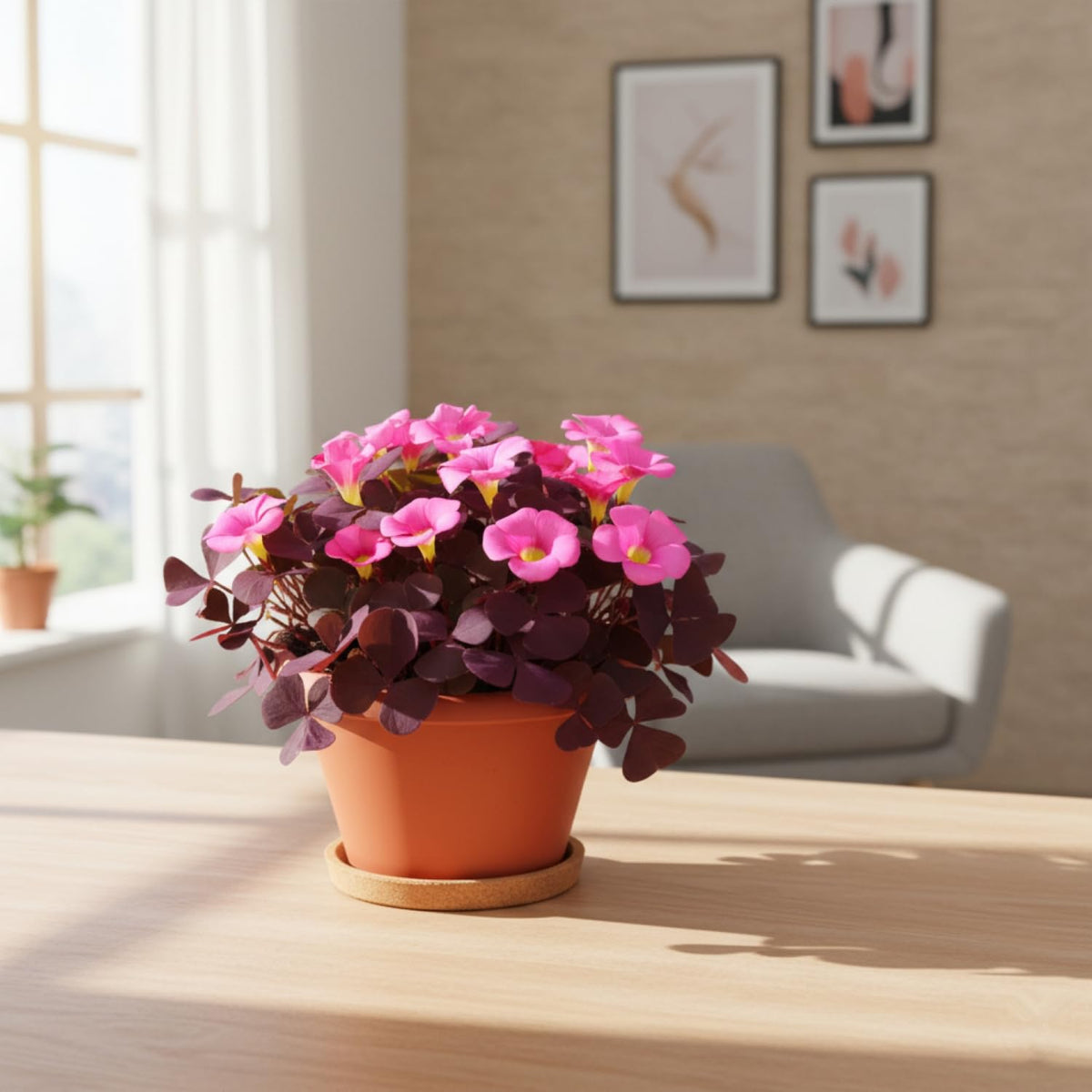 KCT GARDEN Purple Shamrock on a bright windowsill for indoor display.
