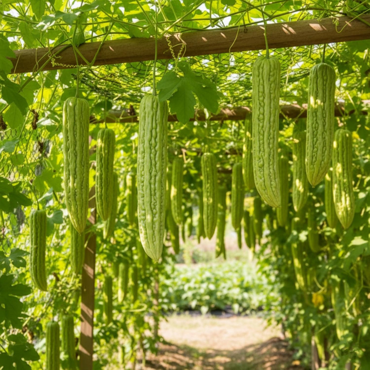 Trellised ampalaya vines growing in a sunny garden bed