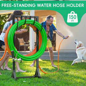 The Kcysta garden hose stand shows four anchor supports for a stable base