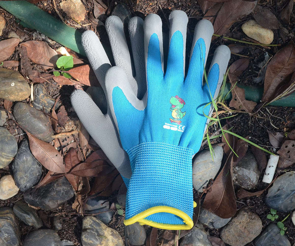 KDK blue dinosaur gloves show slip-resistant palm for garden chores and beach activities.