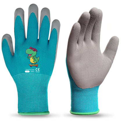 KDK kids gardening gloves blue dinosaur pair with soft latex grip for light tasks.