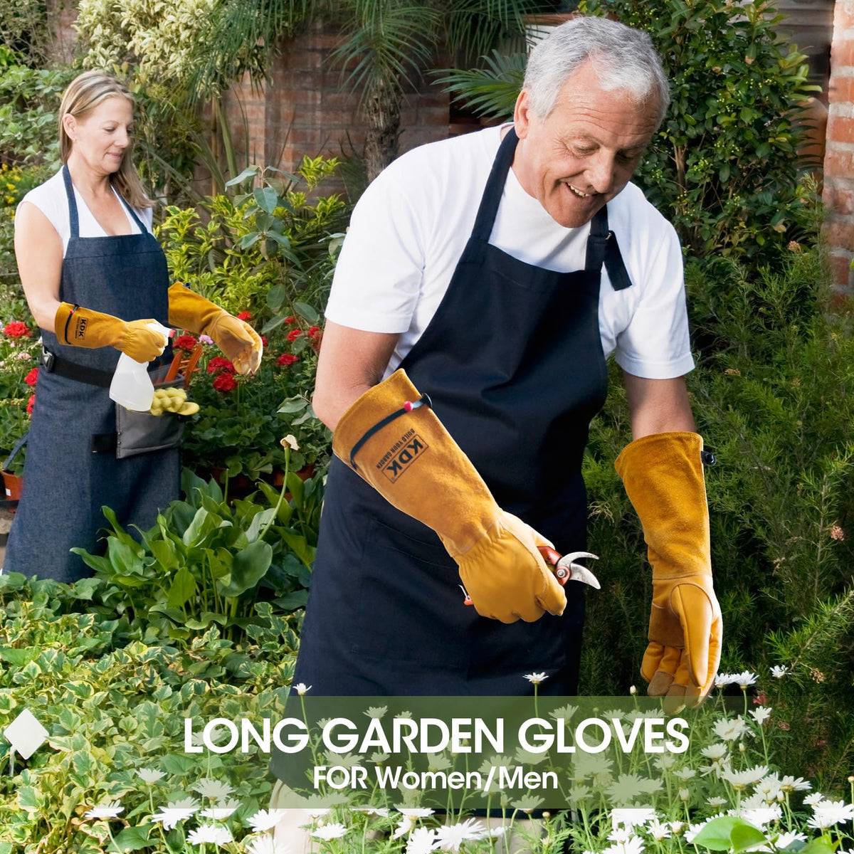 KDK rose pruning scene highlighting durable leather and flexible grip.