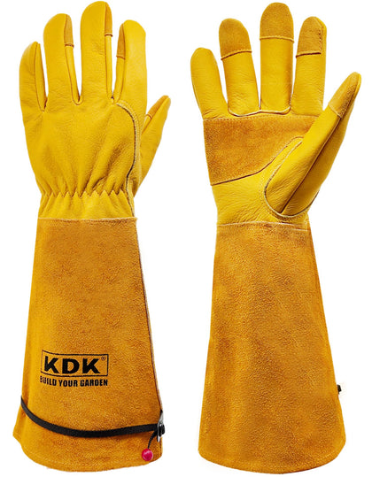 KDK long cowhide gardening gloves with reinforced palm patches for puncture protection during pruning.