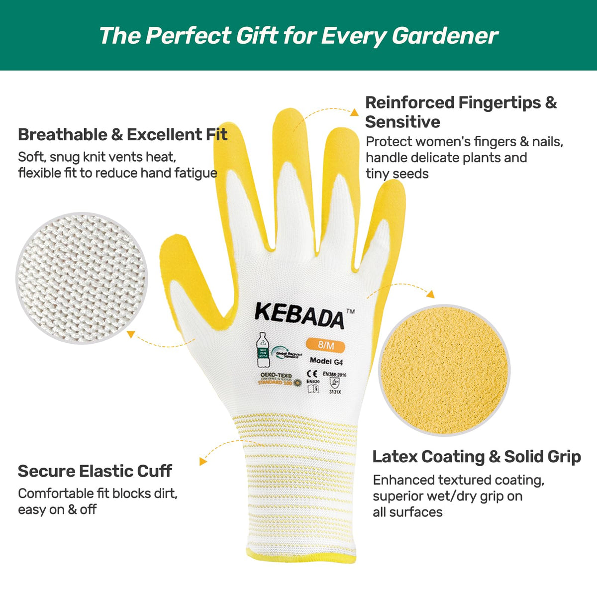 Kebada textured latex coating enhances grip on tools and soil.