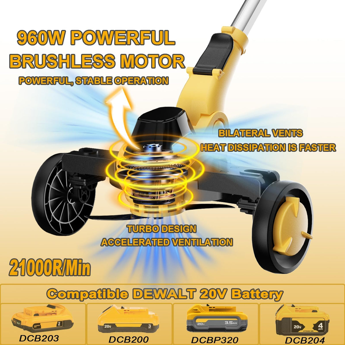 KEDIRYRE brushless 960W motor delivers powerful, smooth trimming performance.