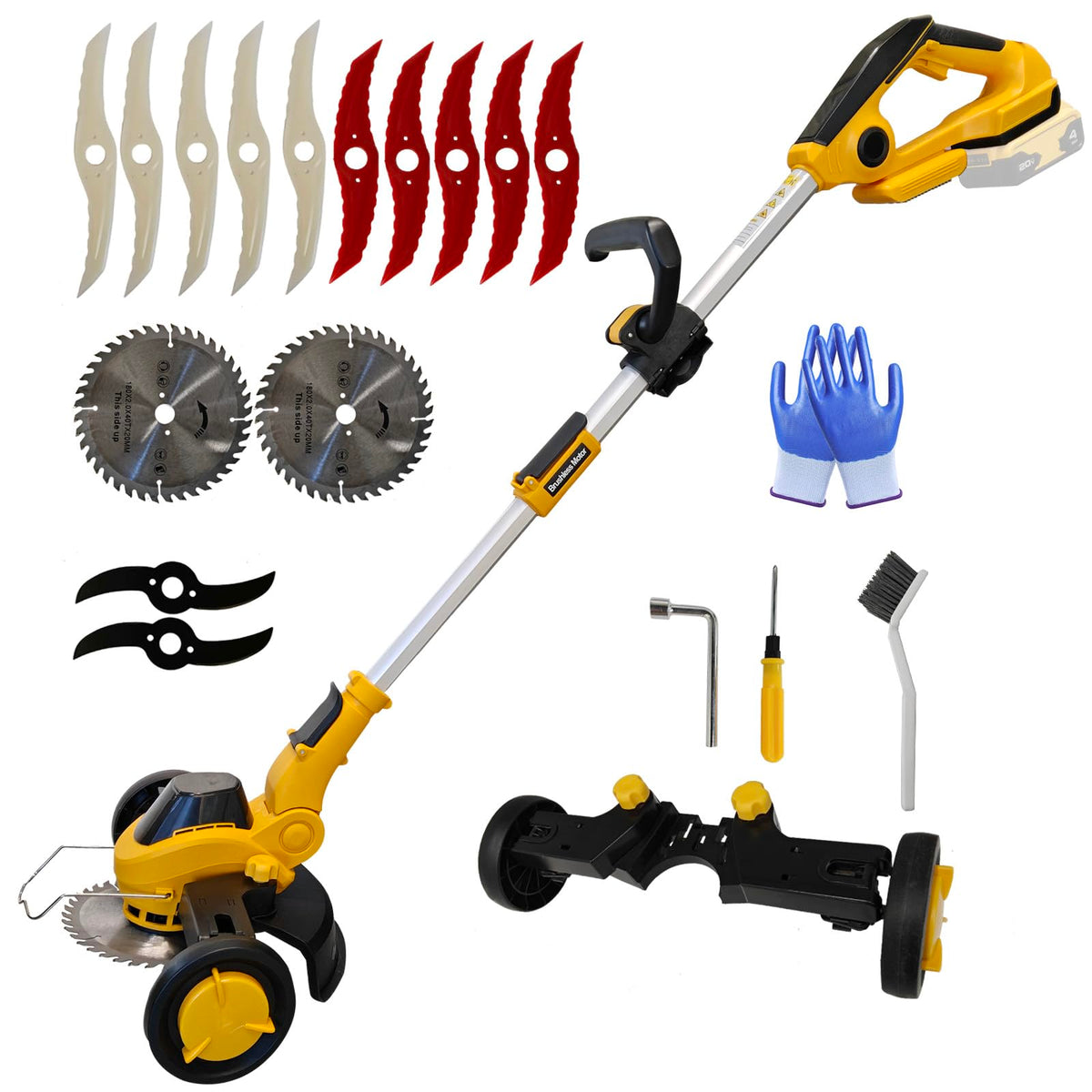 KEDIRYRE electric weed wacker with wheels for easy lawn trimming and reduced arm fatigue.