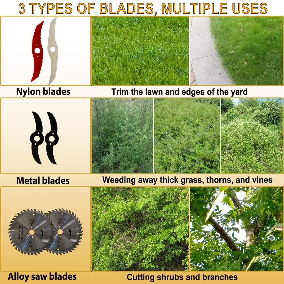 KEDIRYRE 4-in-1 blades handle grass, edges, thick vines, and shrubs.
