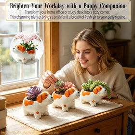 Keeppace ceramic puppy planter white close-up showcases a cute lifelike dog design