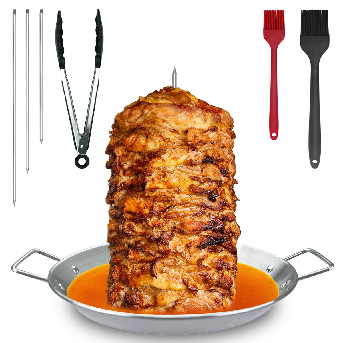 Keepxaus vertical skewer with gyro base for juicy, evenly cooked meats.