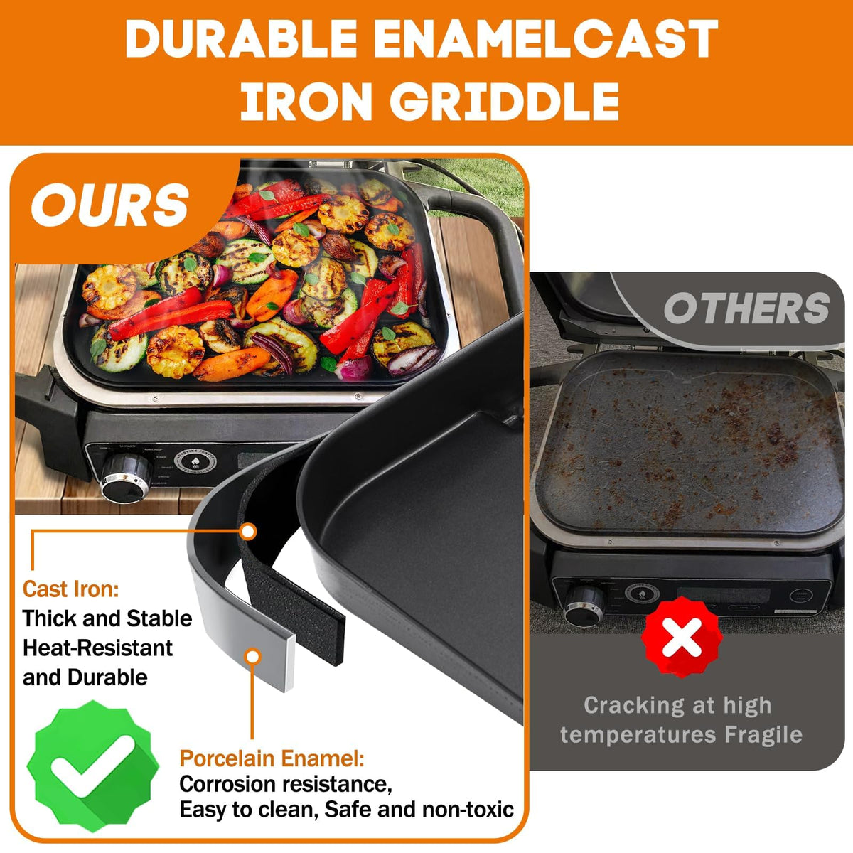 KEESHA woodfire grill griddle plate in use for even searing.