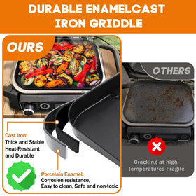 KEESHA woodfire grill griddle plate in use for even searing.