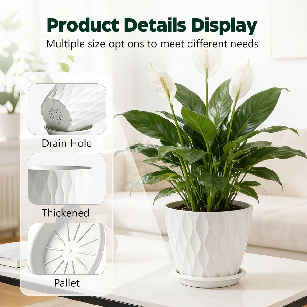 KEETUMOOD 6.5-inch white planter with durable sidewalls and convenient saucer