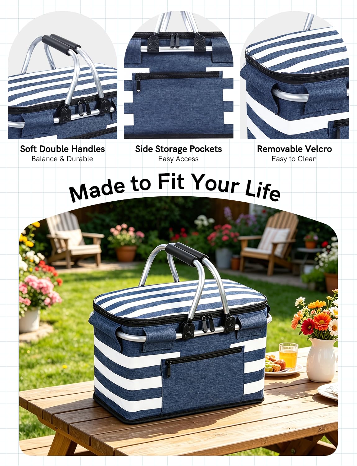 KEFOMOL insulated picnic basket blue bottom support keeps items stable