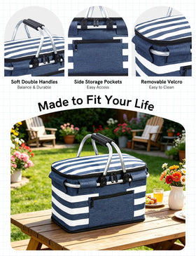 KEFOMOL insulated picnic basket blue bottom support keeps items stable