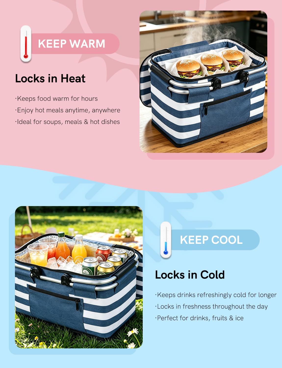 KEFOMOL insulated picnic basket blue unfolded 26L capacity for 2-3 people
