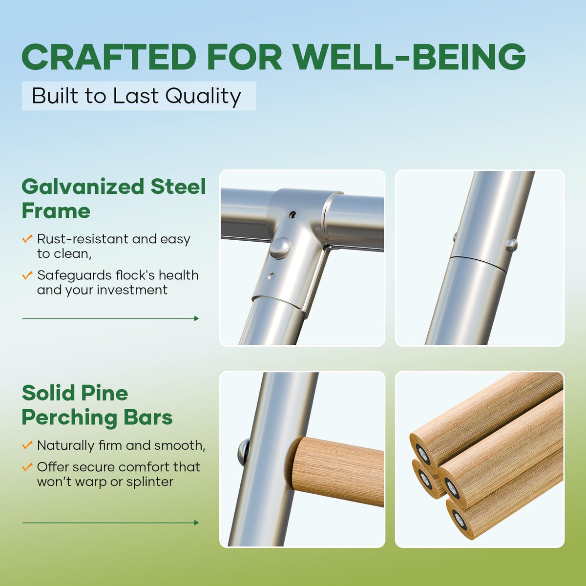 Kejector galvanized steel and wood roosting bars resist rust and harsh weather