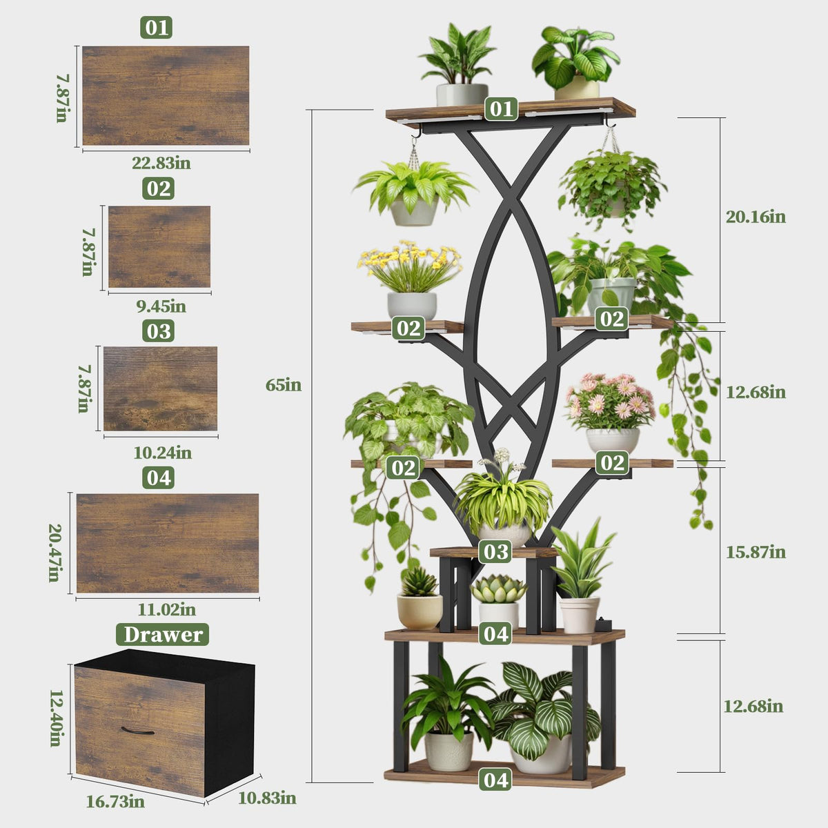 KELHOMECL eight-tier plant shelf fits neatly in a corner for vertical gardening.