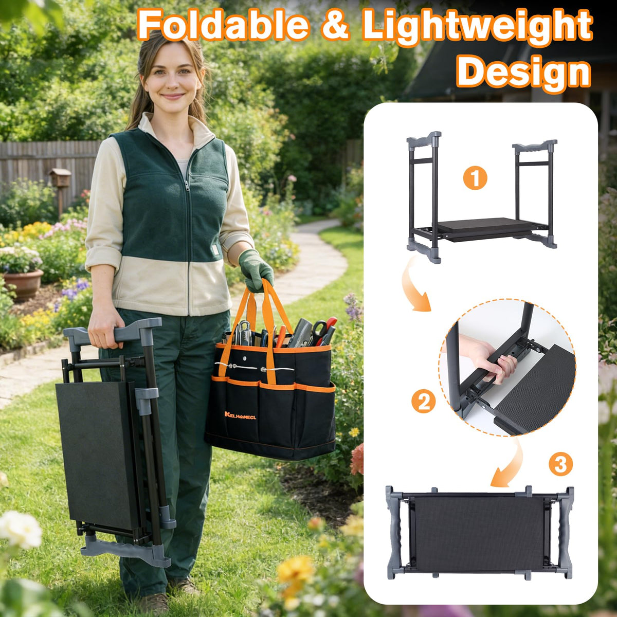 Foldable KELHOMECL kneeler stores compactly for travel and storage