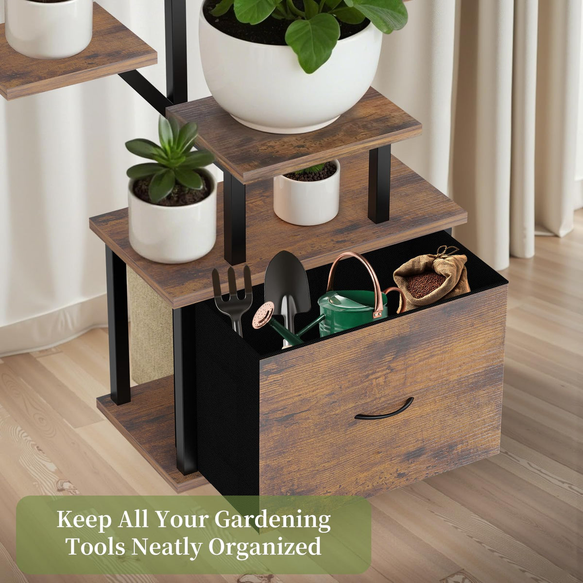 KELHOMECL plant stand with removable drawer for organized gardening tools.