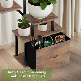 KELHOMECL plant stand with removable drawer for organized gardening tools.