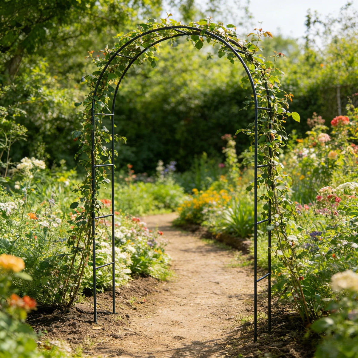 Kelived garden arch with flowers, creates a blooming backdrop for patios.