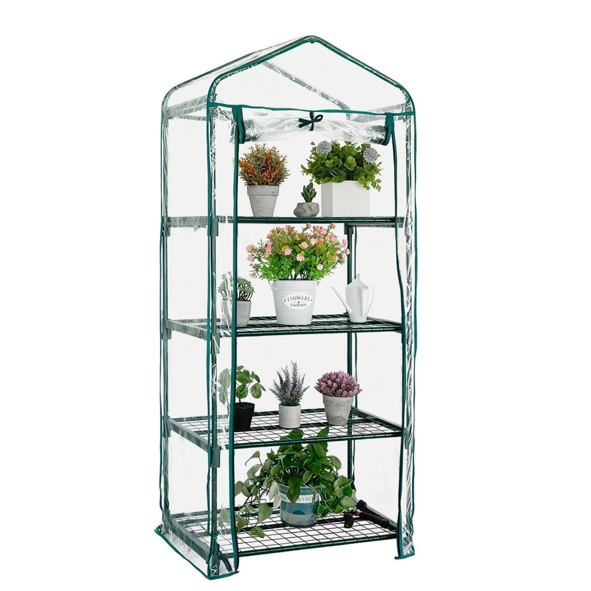 Kelived Mini Greenhouse with four-tier shelves shown in a compact garden setup for organized planting