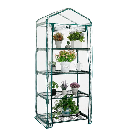 Kelived Mini Greenhouse with four-tier shelves shown in a compact garden setup for organized planting