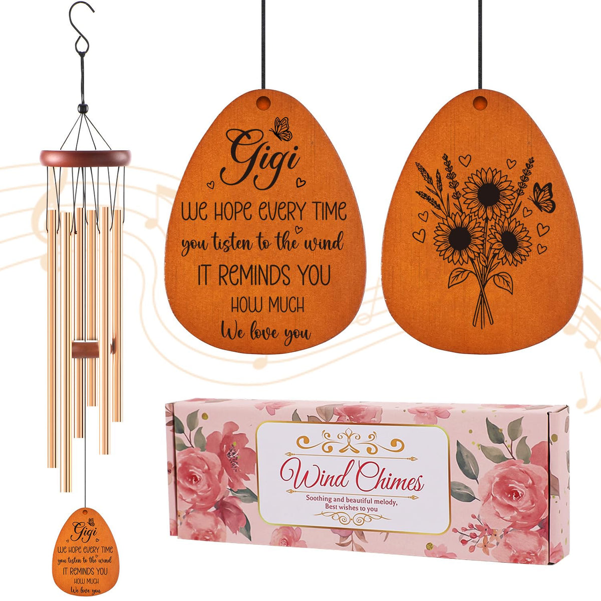 Keluna wind chimes for Gigi set hangs in the garden to add gentle ambiance.