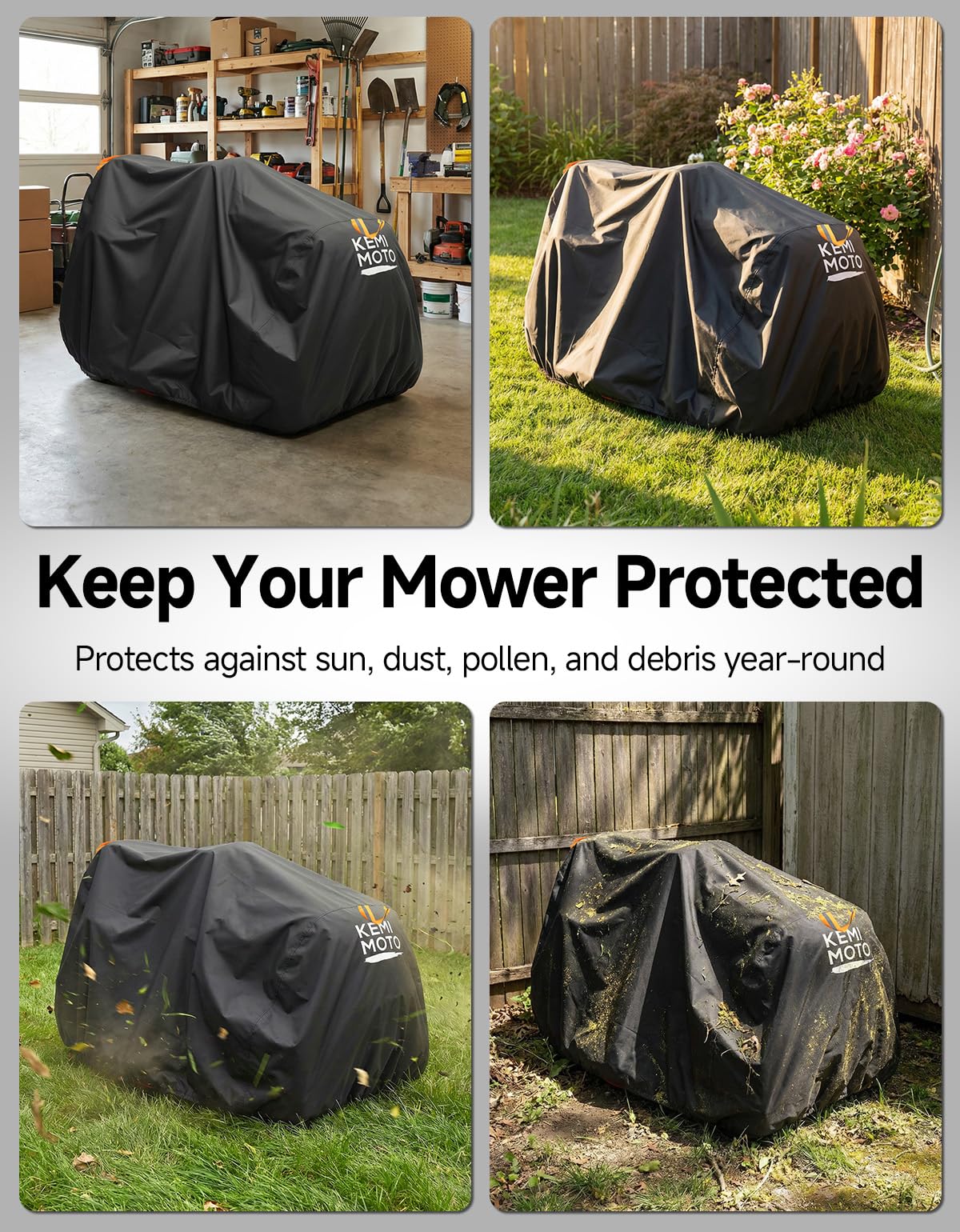 Kemimoto universal-fit cover for decks up to 54 inches with easy checks.
