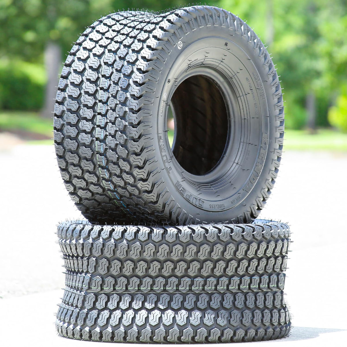 Kenda K500 Super Turf lug pattern close-up emphasizes turf-friendly grip