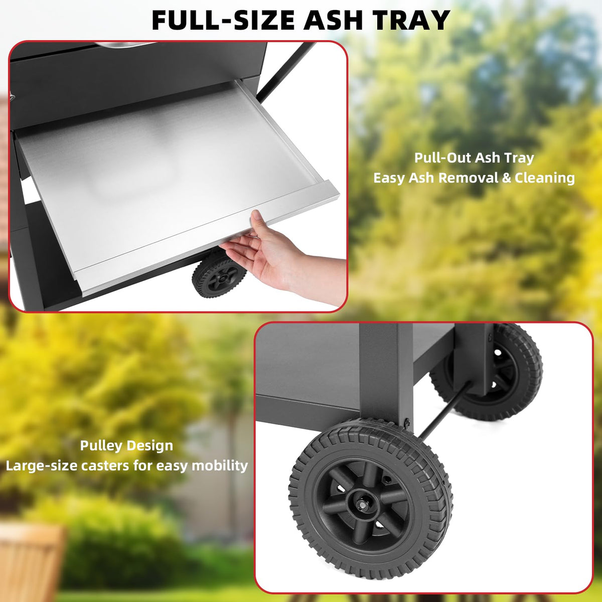 Kendane Charcoal Grill pull-out ash tray simplifies cleanup after grilling.