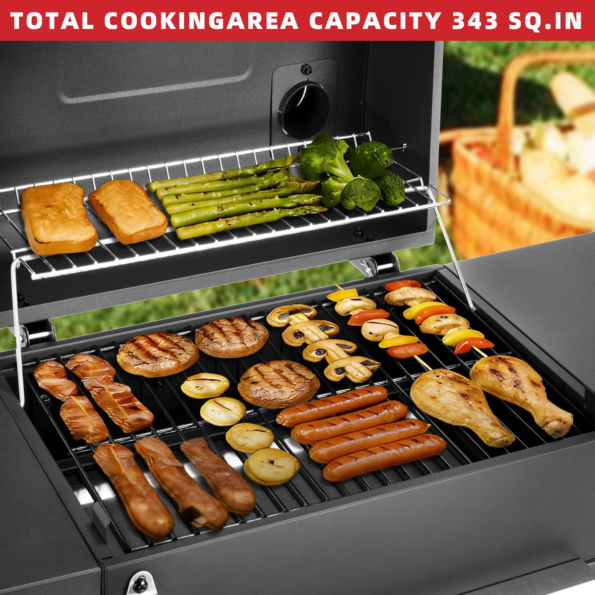 Kendane Charcoal Grill foldable side shelves for prep and storage.