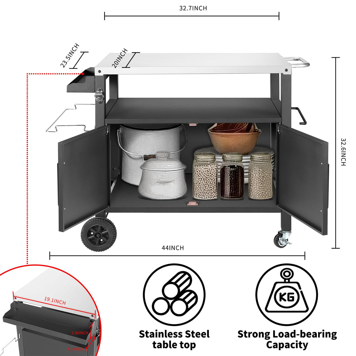 Kendane Grill Cart Table easy-clean stainless surface for quick wipe-downs.