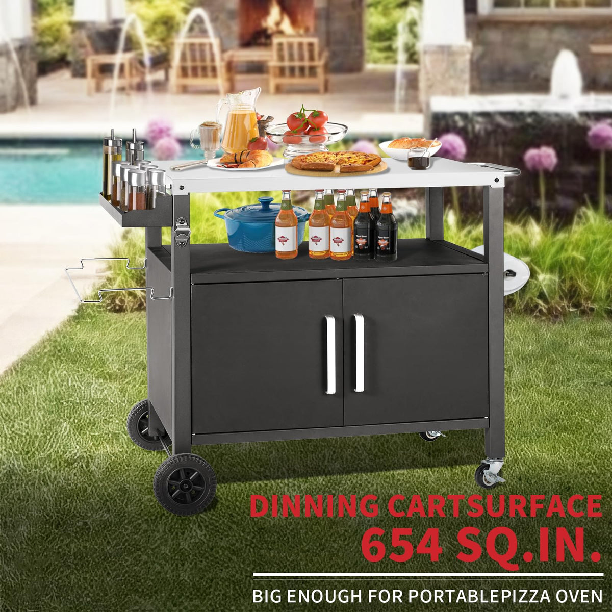 Kendane Grill Cart Table with wheels and handle for easy movement.