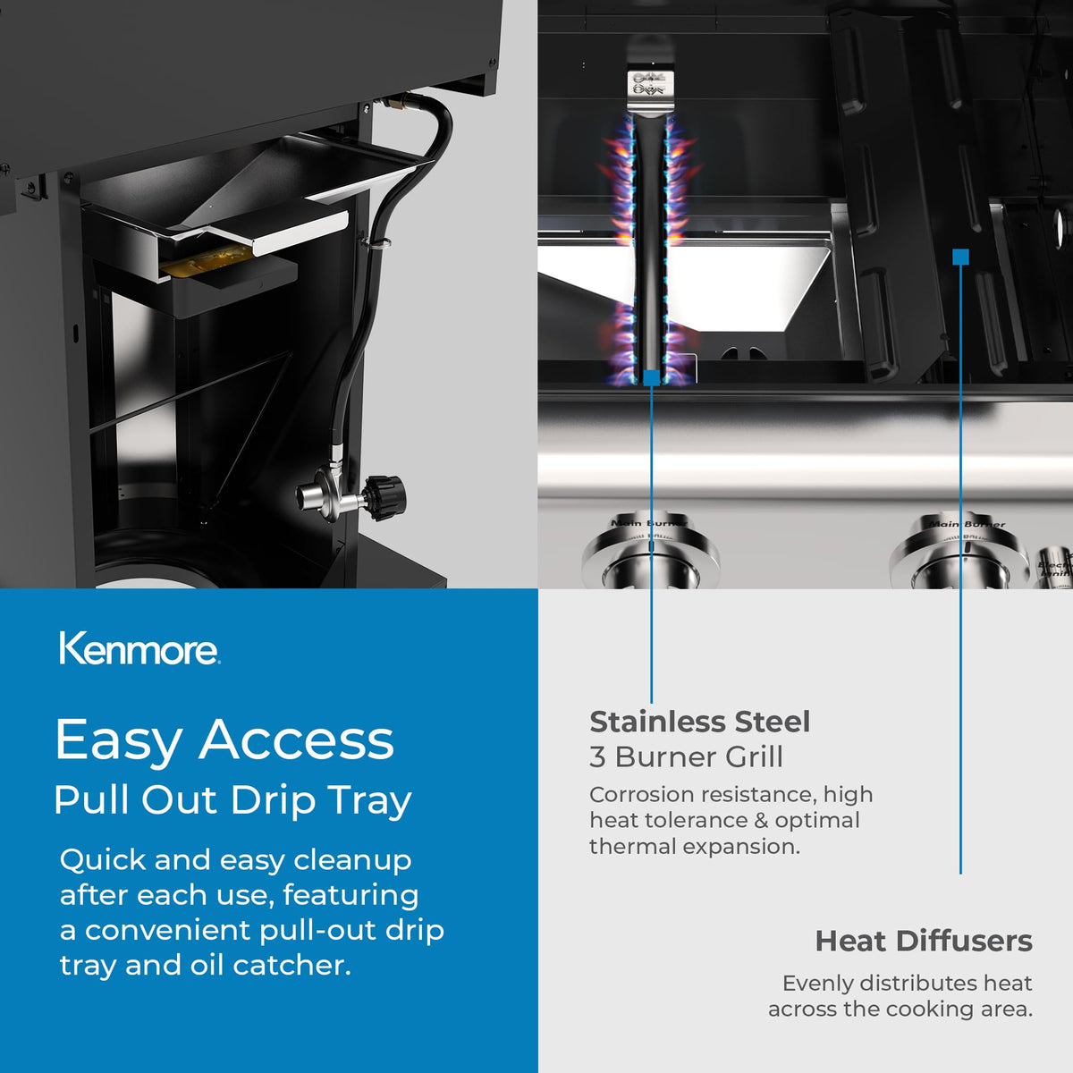Kenmore grill four casters enable easy movement and stability
