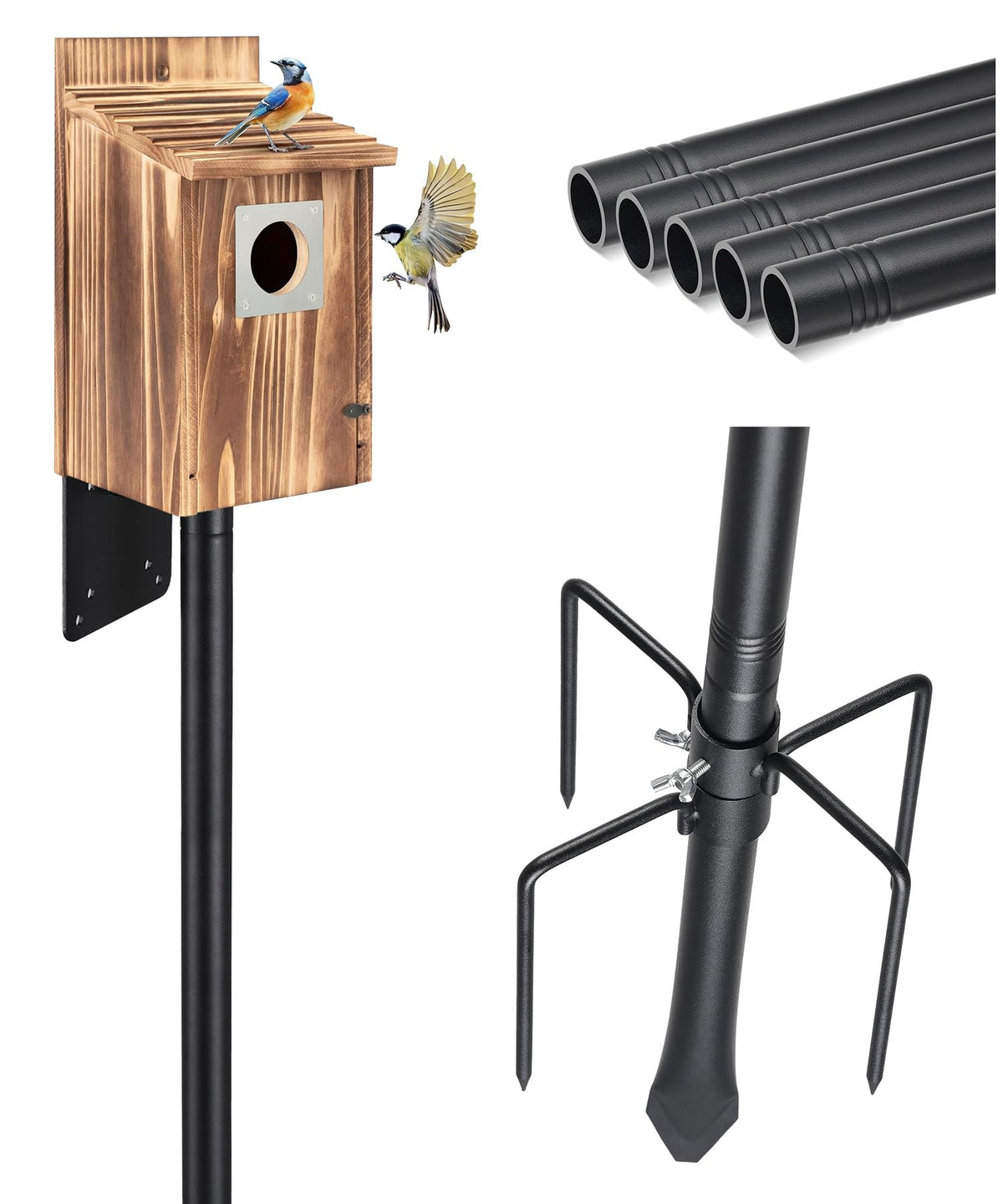 Keplrend 75-inch heavy-duty pole provides stable height for easy bluebird and hummingbird viewing.