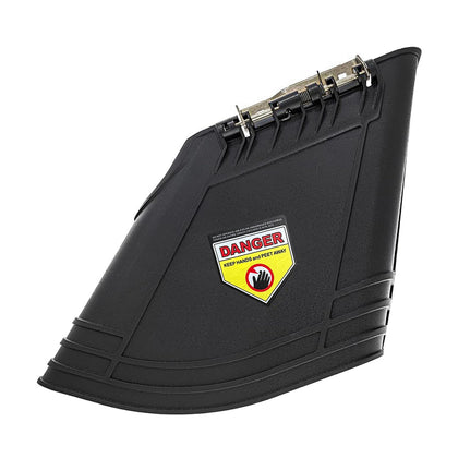 Kerlista discharge chute deflector assembly front view showing universal mower compatibility
