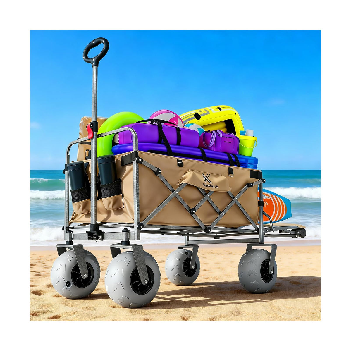 Kesfferch beach wagon with 10in balloon wheels for smooth sand hauling.