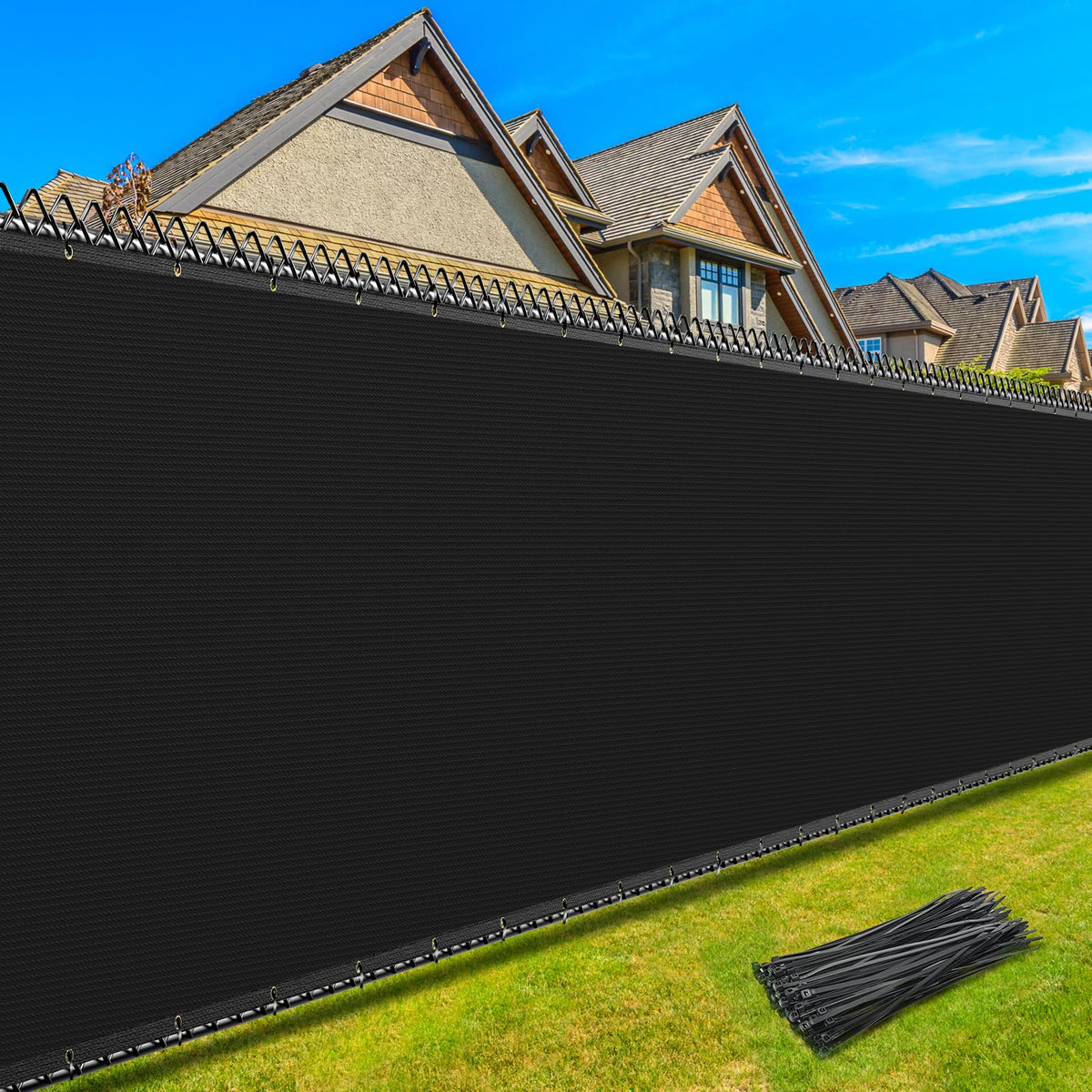 Kesfitt privacy screen on a fence with brass grommets resists rust for outdoor use.