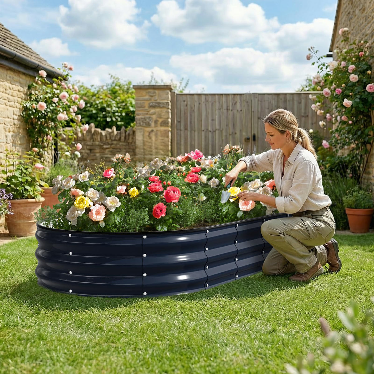 Kesfitt midnight blue finish enhances curb appeal in outdoor spaces.