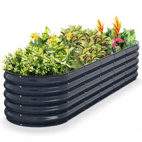 Kesfitt oval raised garden bed in midnight blue with open bottom design for healthy roots.