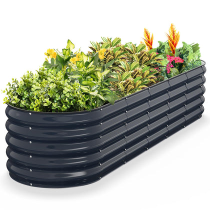 Kesfitt oval raised garden bed in midnight blue with open bottom design for healthy roots.