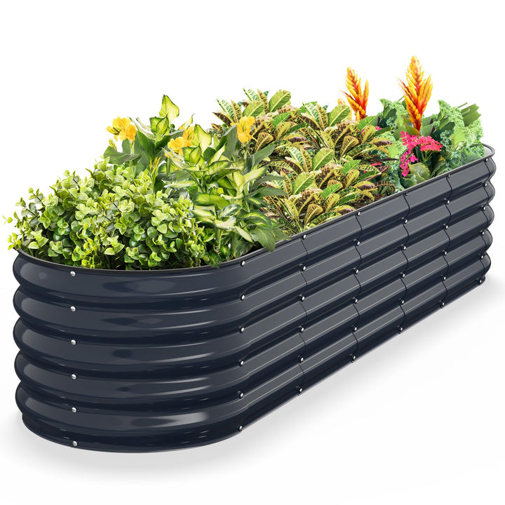 Kesfitt oval raised garden bed in midnight blue with open bottom design for healthy roots.