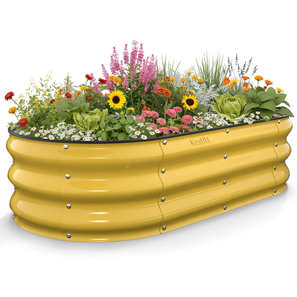 Kesfitt raised garden bed oval top view highlights compact, accessible design for easy planting