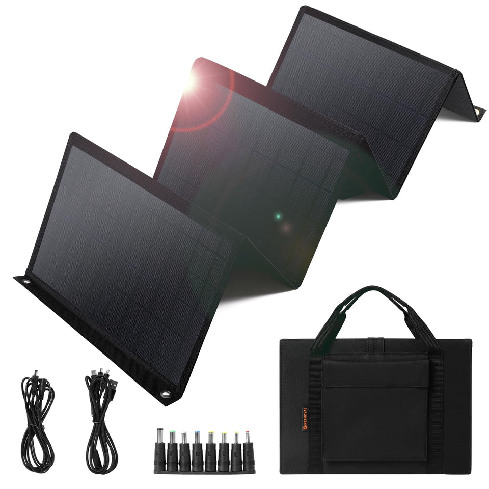 Keshoyal 60W foldable solar panel in compact folded form, ideal for backpacking.
