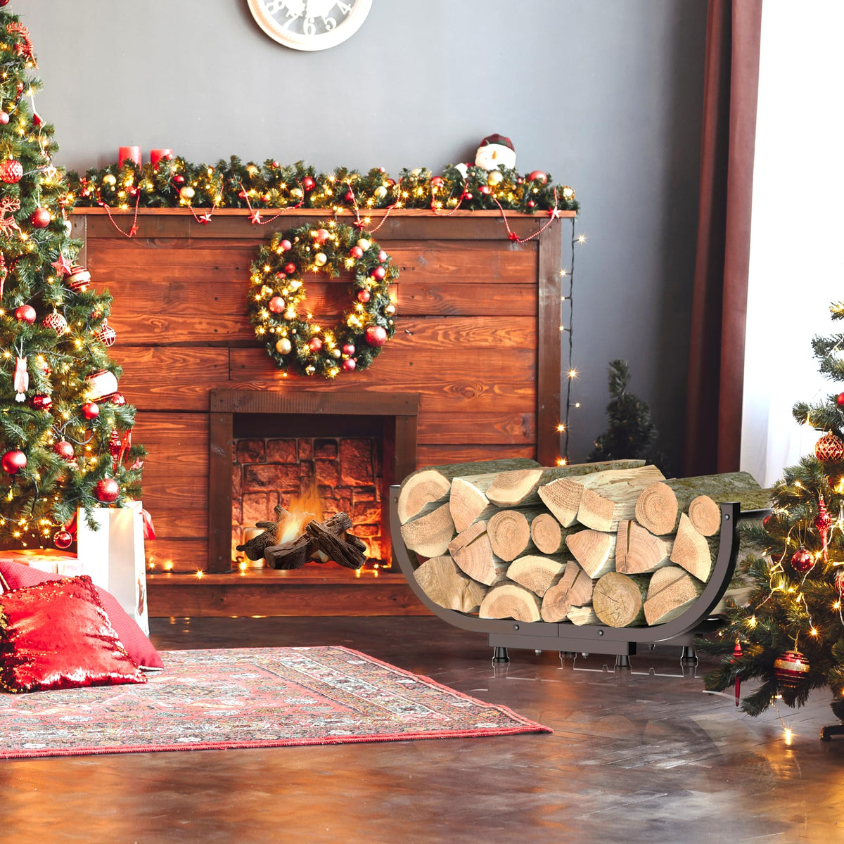 Kesito firewood rack in living room keeps logs organized and accessible