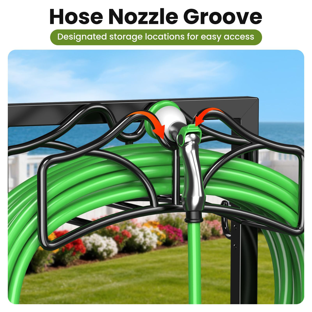 Keten garden hose holder built-in nozzle rest keeps nozzle handy and off the ground.