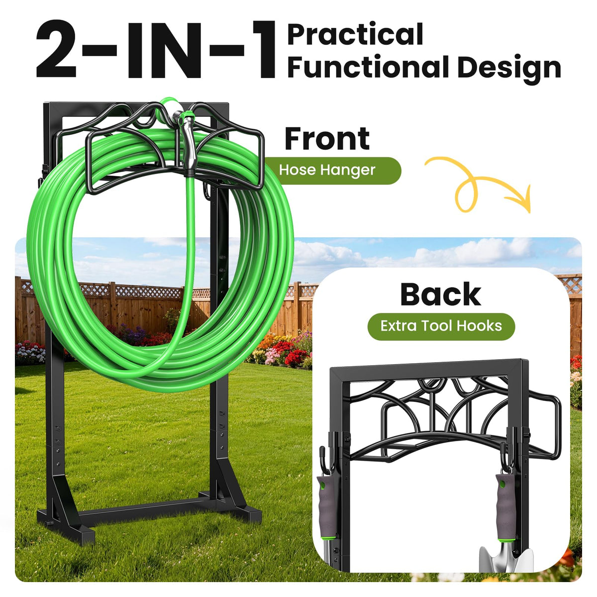 Keten garden hose stand includes two tool hooks for gloves and tools at hand.